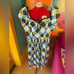 Women’s Ghostbusters VixenBlue Green Black Argyle Cotton Dress with Puff Sleeves